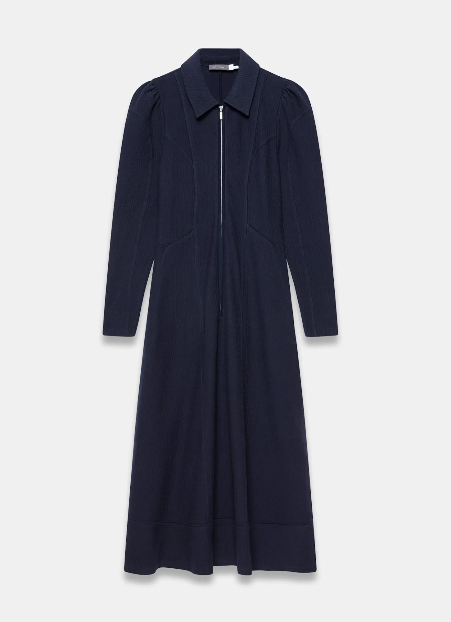 Navy Textured Zip Detail Midi Dress
