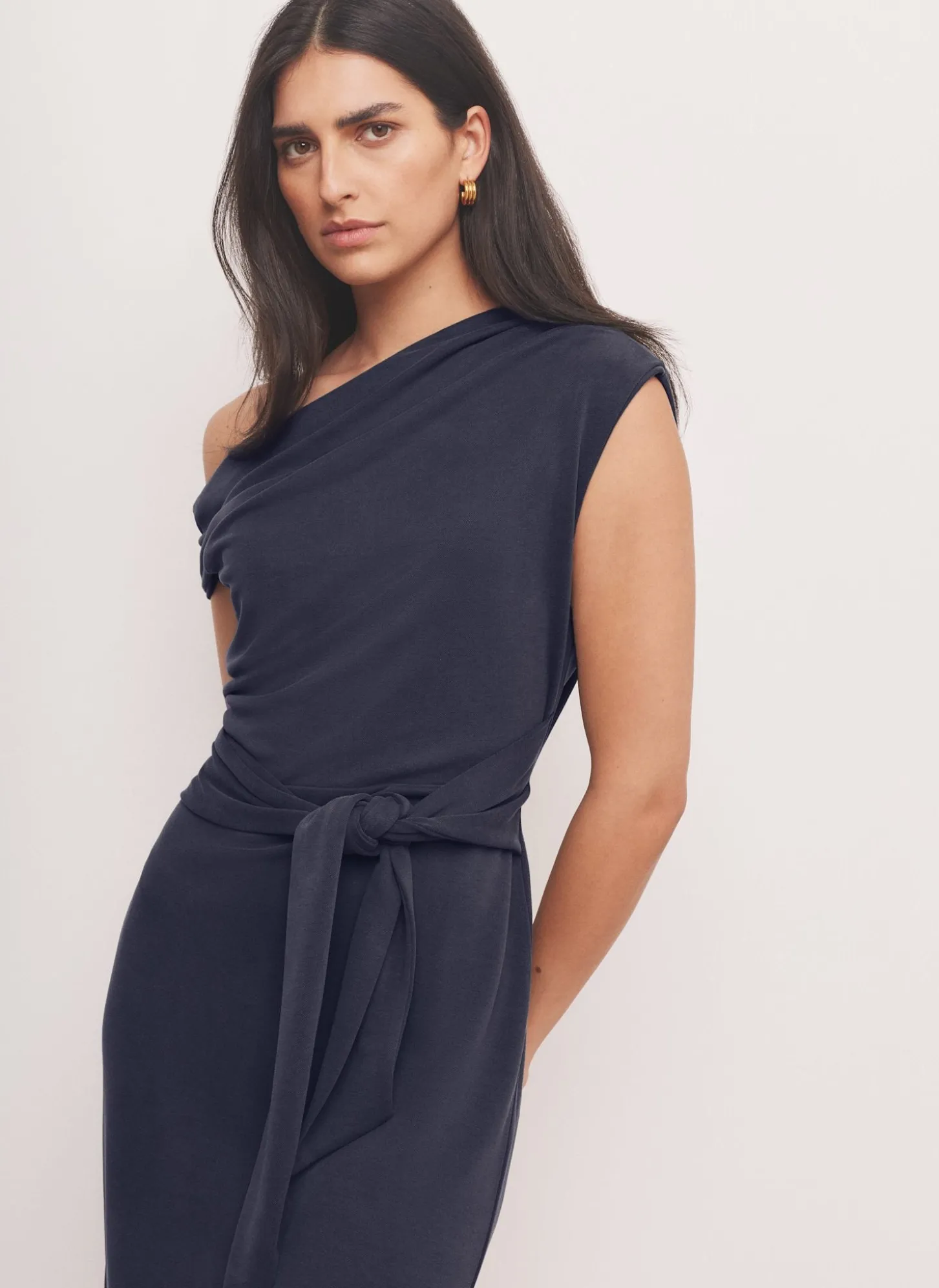Navy Tie Detail Midi Dress