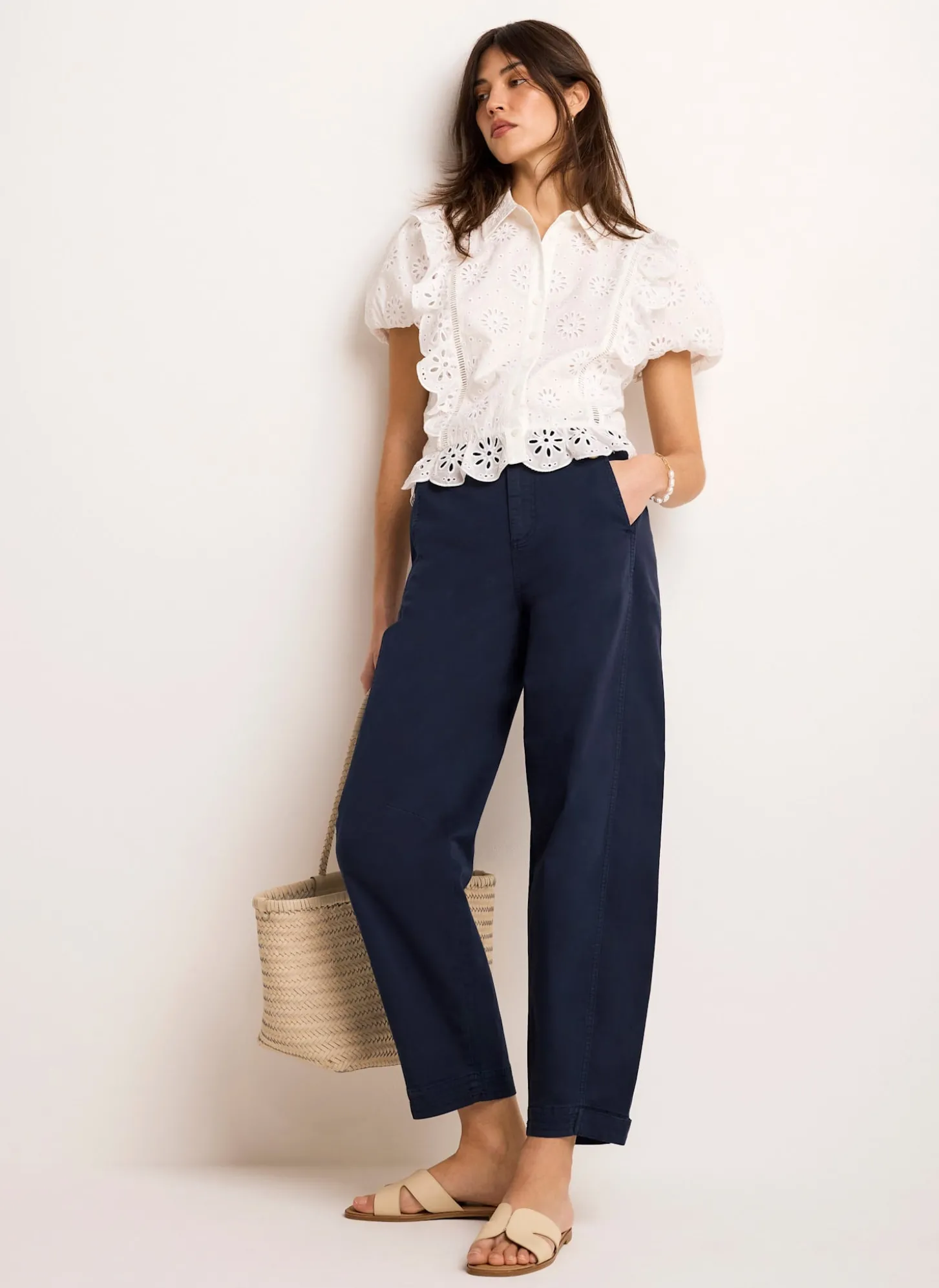Navy Washed Barrel Leg Chino Trousers