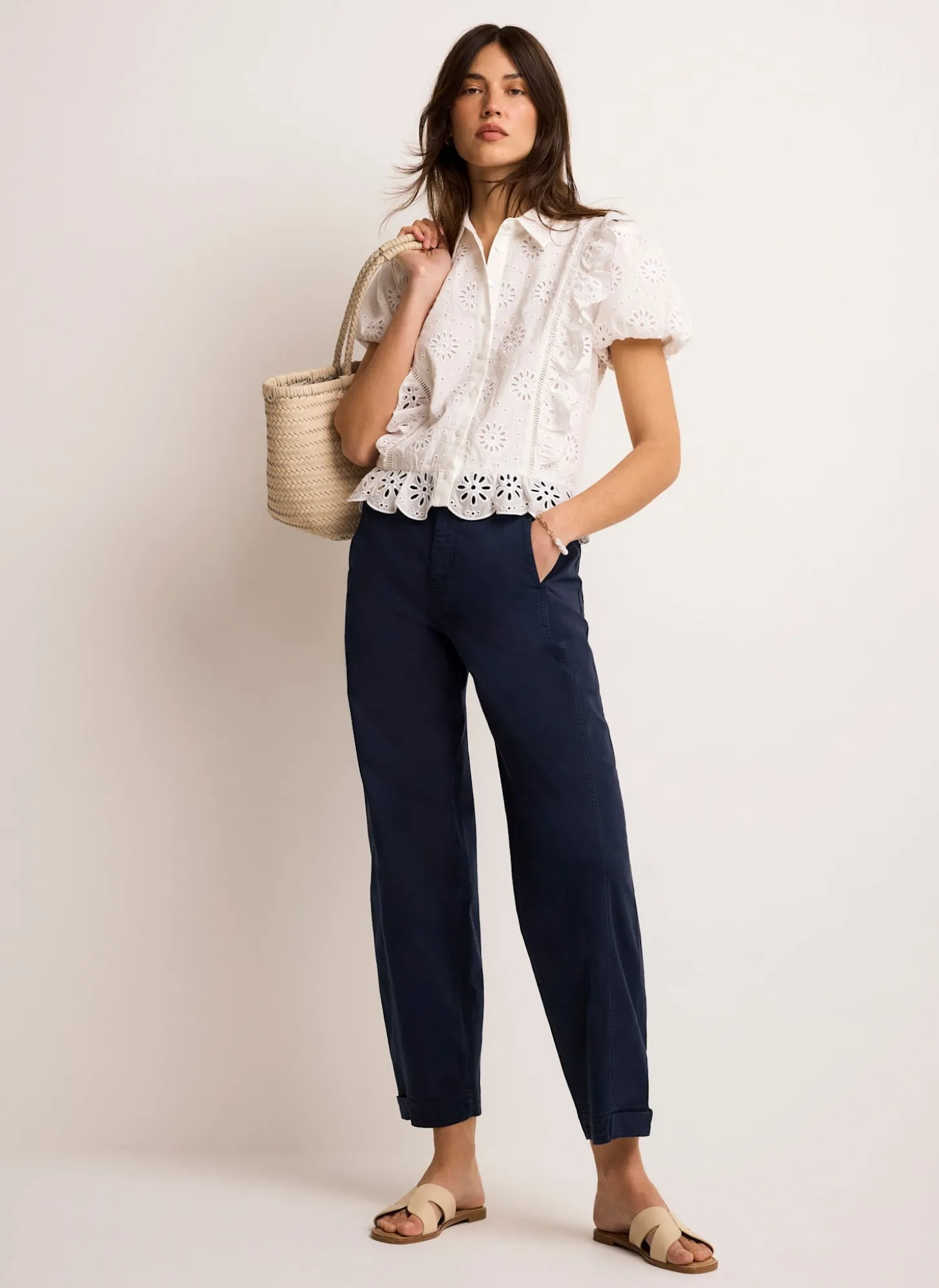 Navy Washed Barrel Leg Chino Trousers