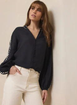 Navy Whipstitch Detail Blouse