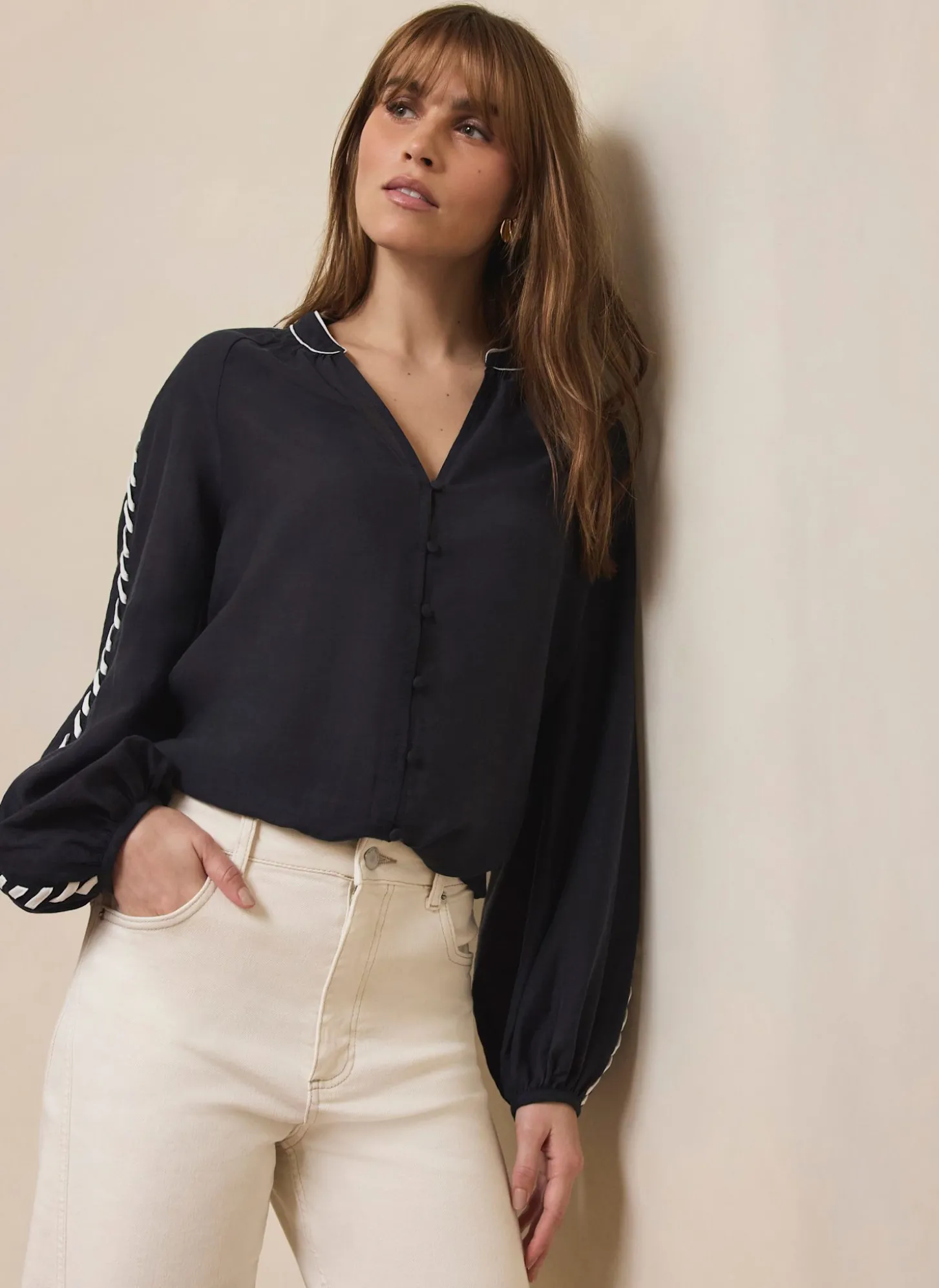 Navy Whipstitch Detail Blouse