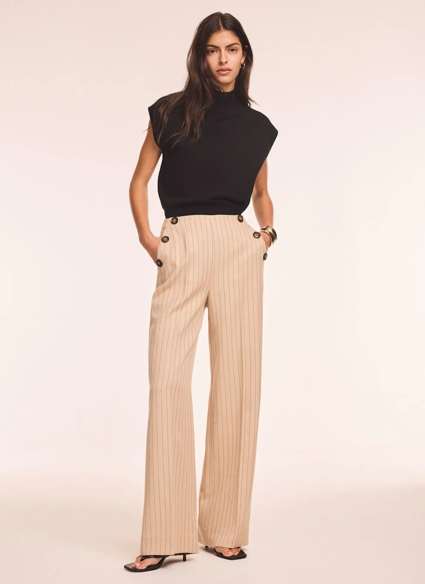 Neutral Button Front Pinstripe Trousers