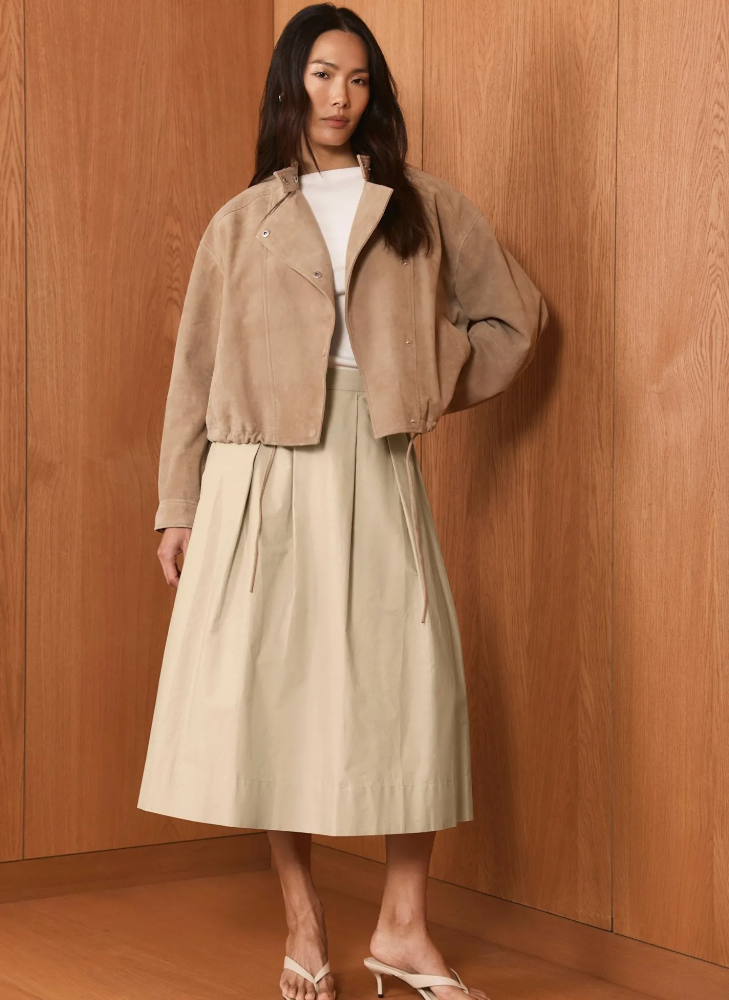 Neutral Cotton A Line Midi Skirt