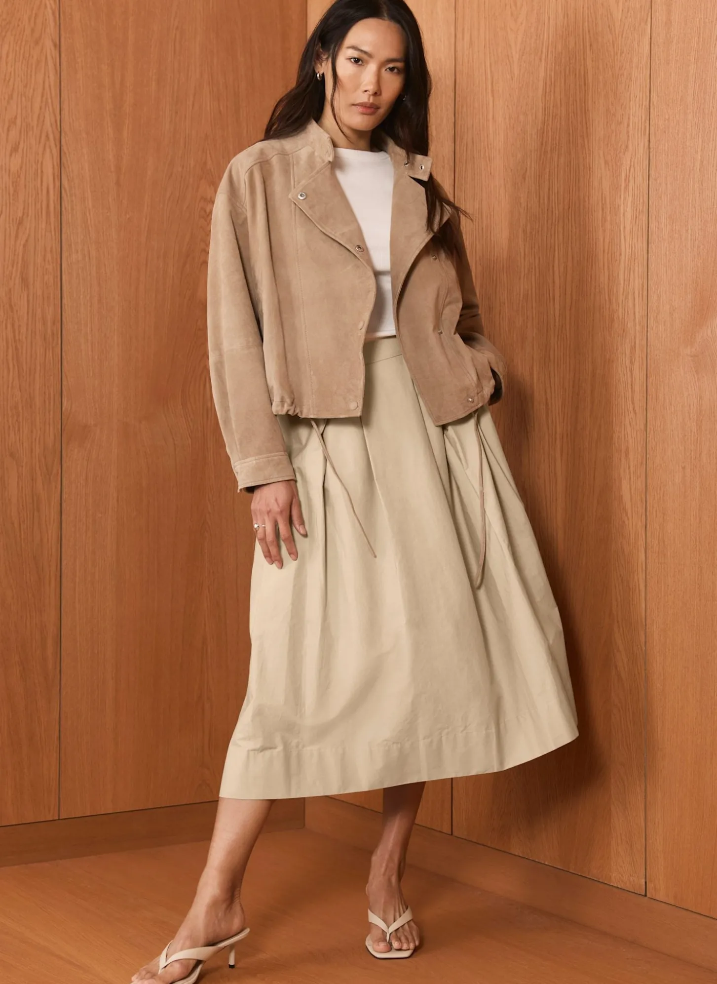 Neutral Cotton A Line Midi Skirt