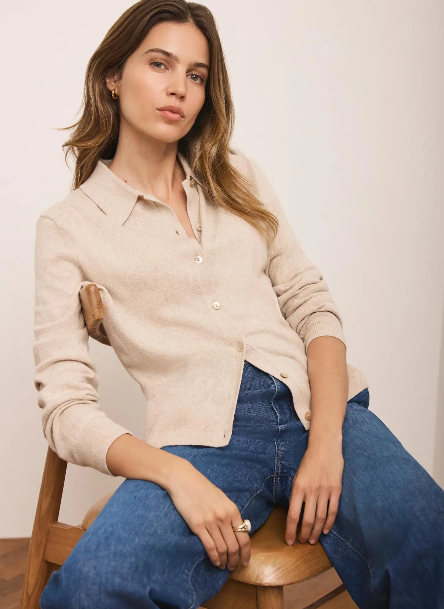 Neutral Cotton Blend Button Collar Cardigan