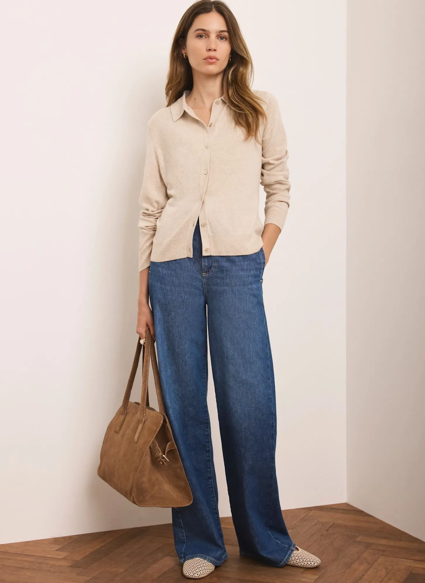 Neutral Cotton Blend Button Collar Cardigan