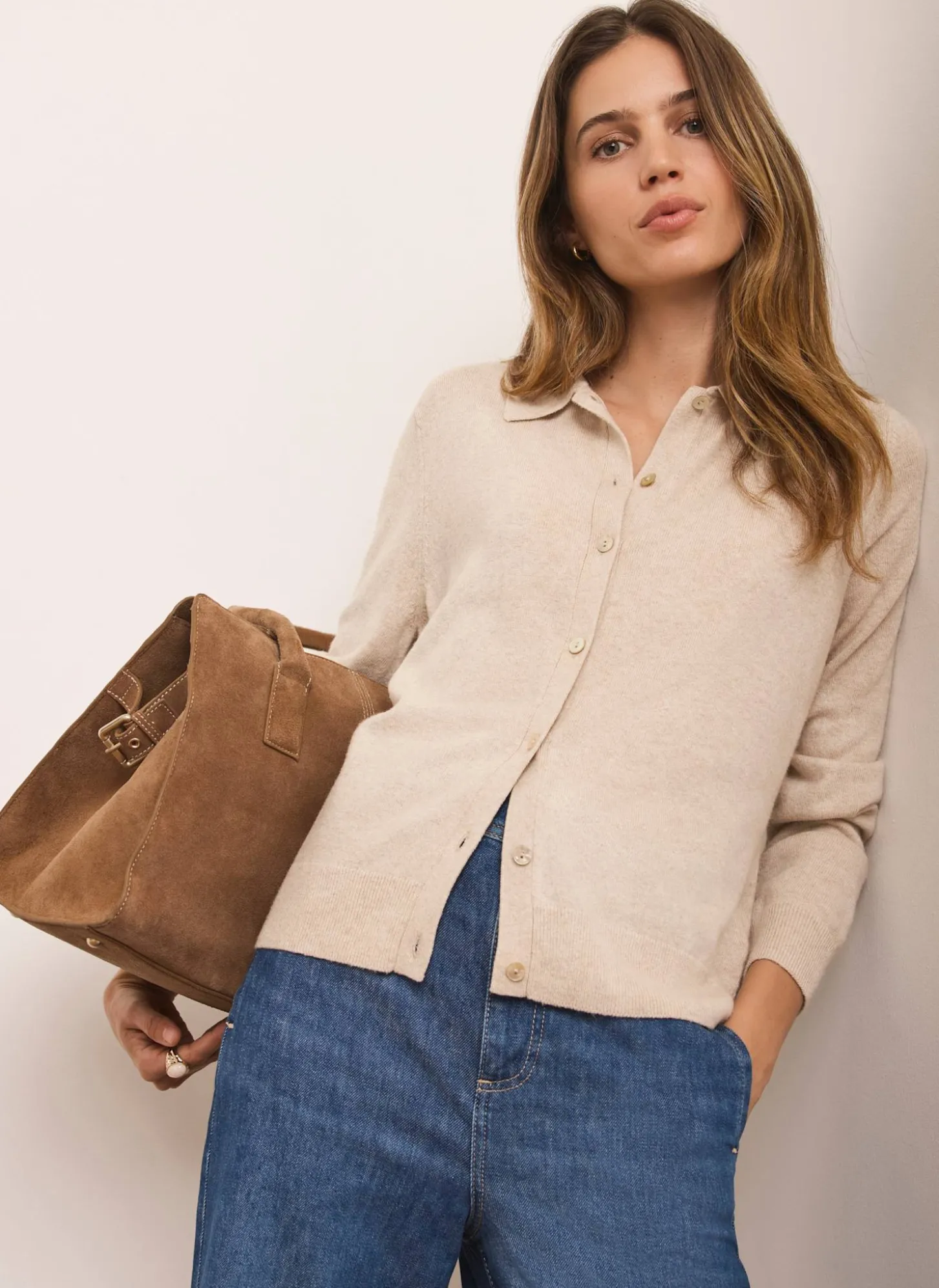 Neutral Cotton Blend Button Collar Cardigan