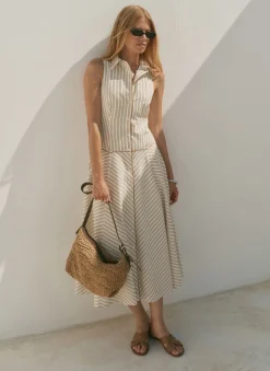 Neutral Cotton Blend Striped Midi Dress