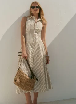 Neutral Cotton Blend Striped Midi Dress