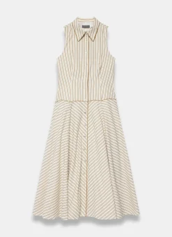 Neutral Cotton Blend Striped Midi Dress