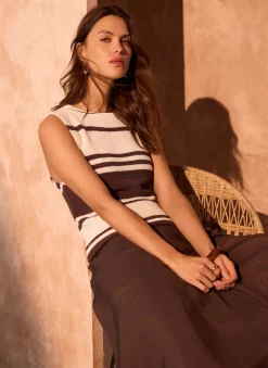Neutral Cotton Blend Striped Knit Top