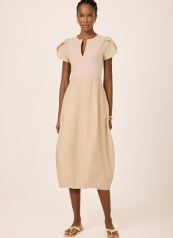 Neutral Cotton Blend Tulip Hem Midi Dress