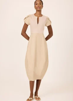 Neutral Cotton Blend Tulip Hem Midi Dress
