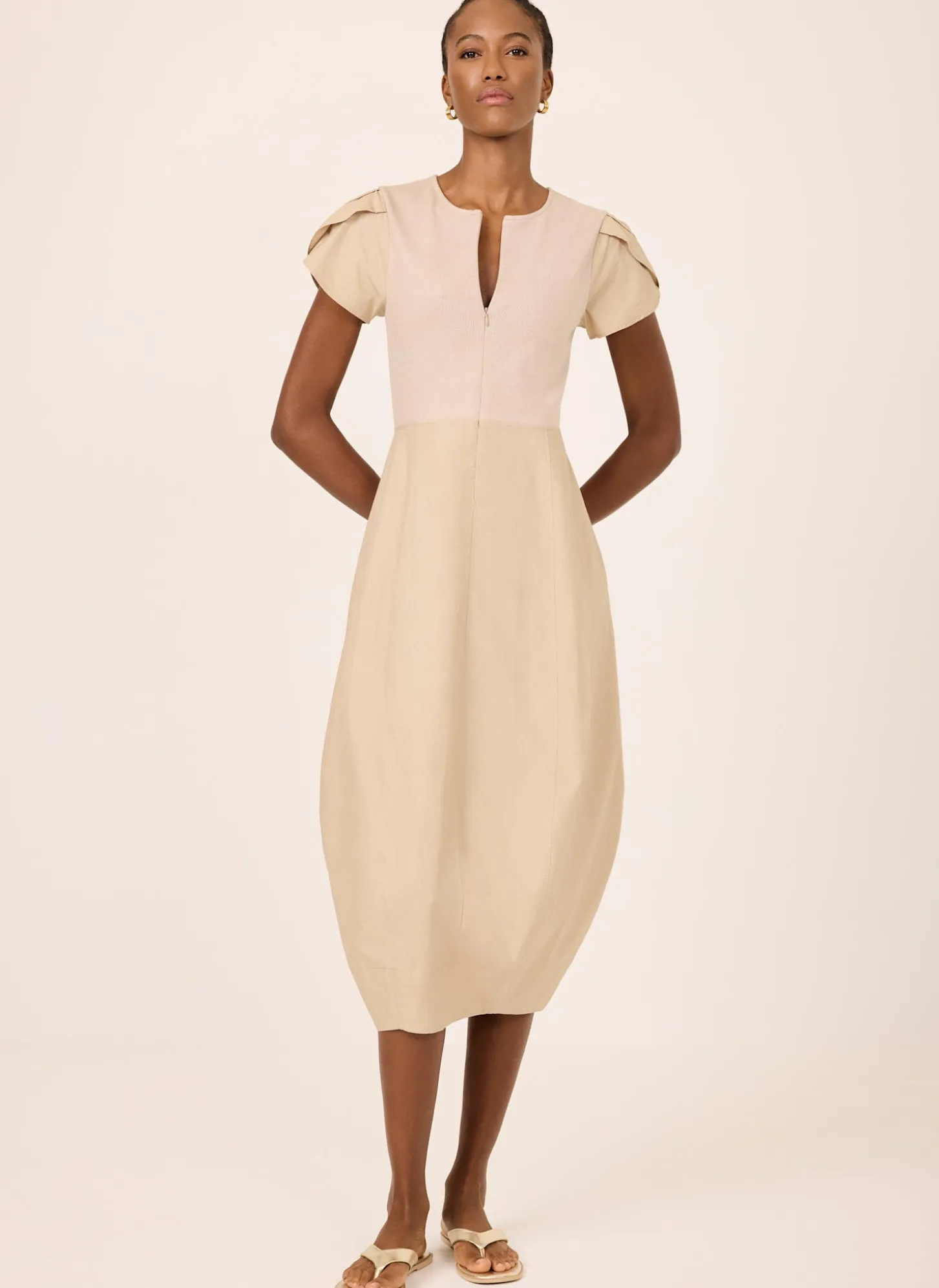 Neutral Cotton Blend Tulip Hem Midi Dress