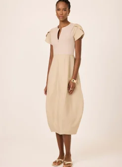 Neutral Cotton Blend Tulip Hem Midi Dress