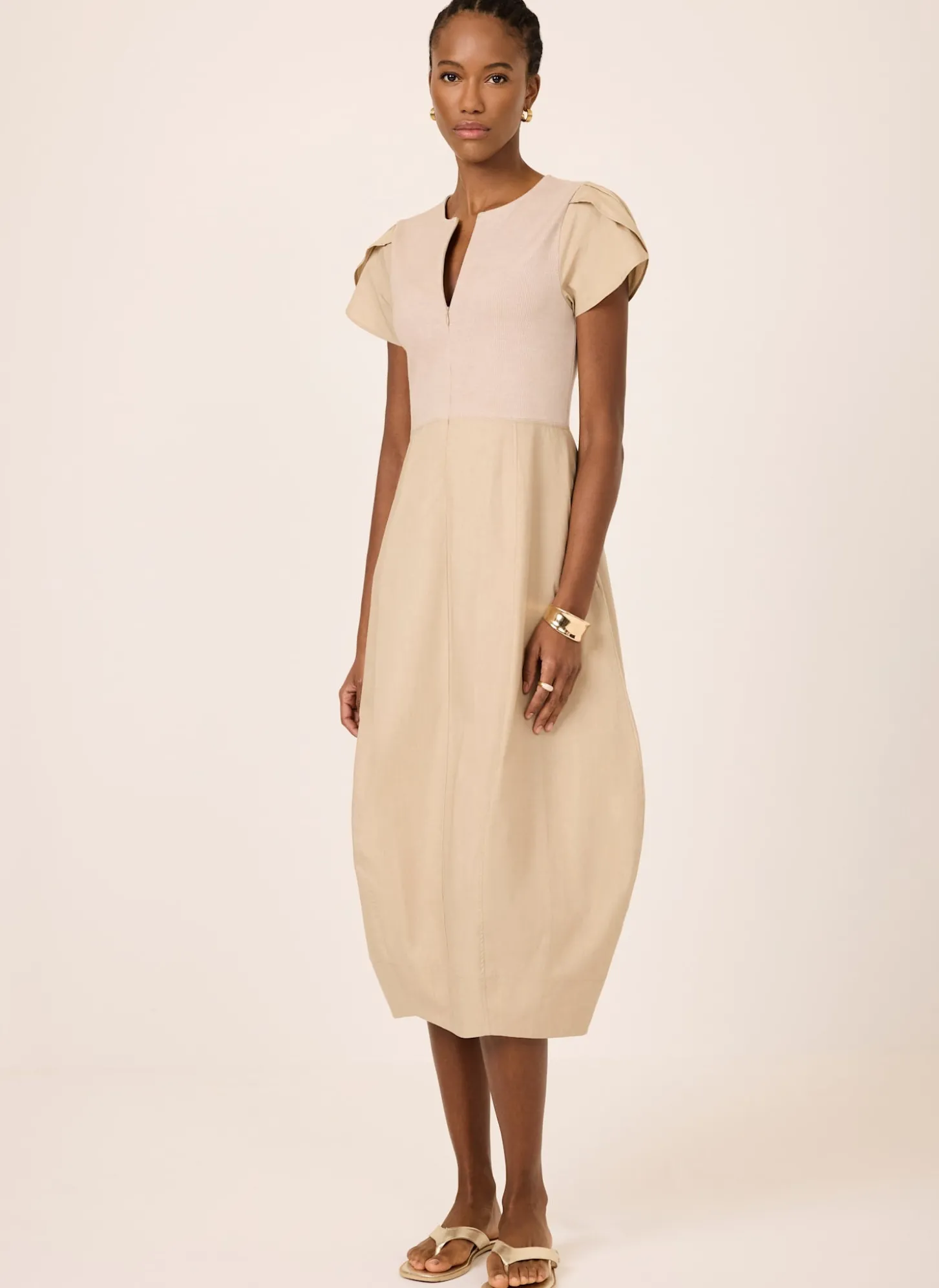 Neutral Cotton Blend Tulip Hem Midi Dress