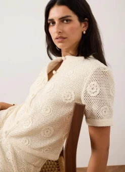 Neutral Cotton Sequin Floral Crochet Top