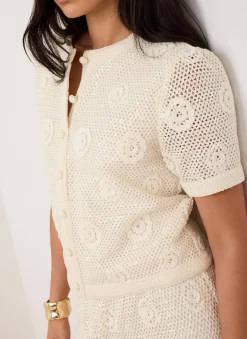 Neutral Cotton Sequin Floral Crochet Top