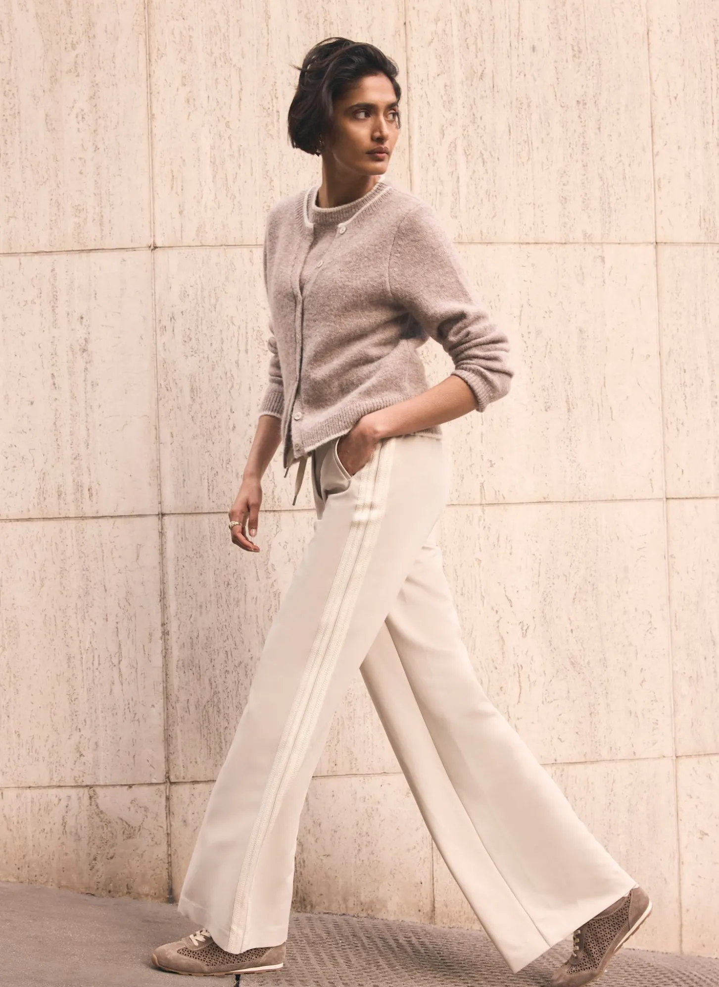 Neutral Crochet Side Stripe Wide Joggers