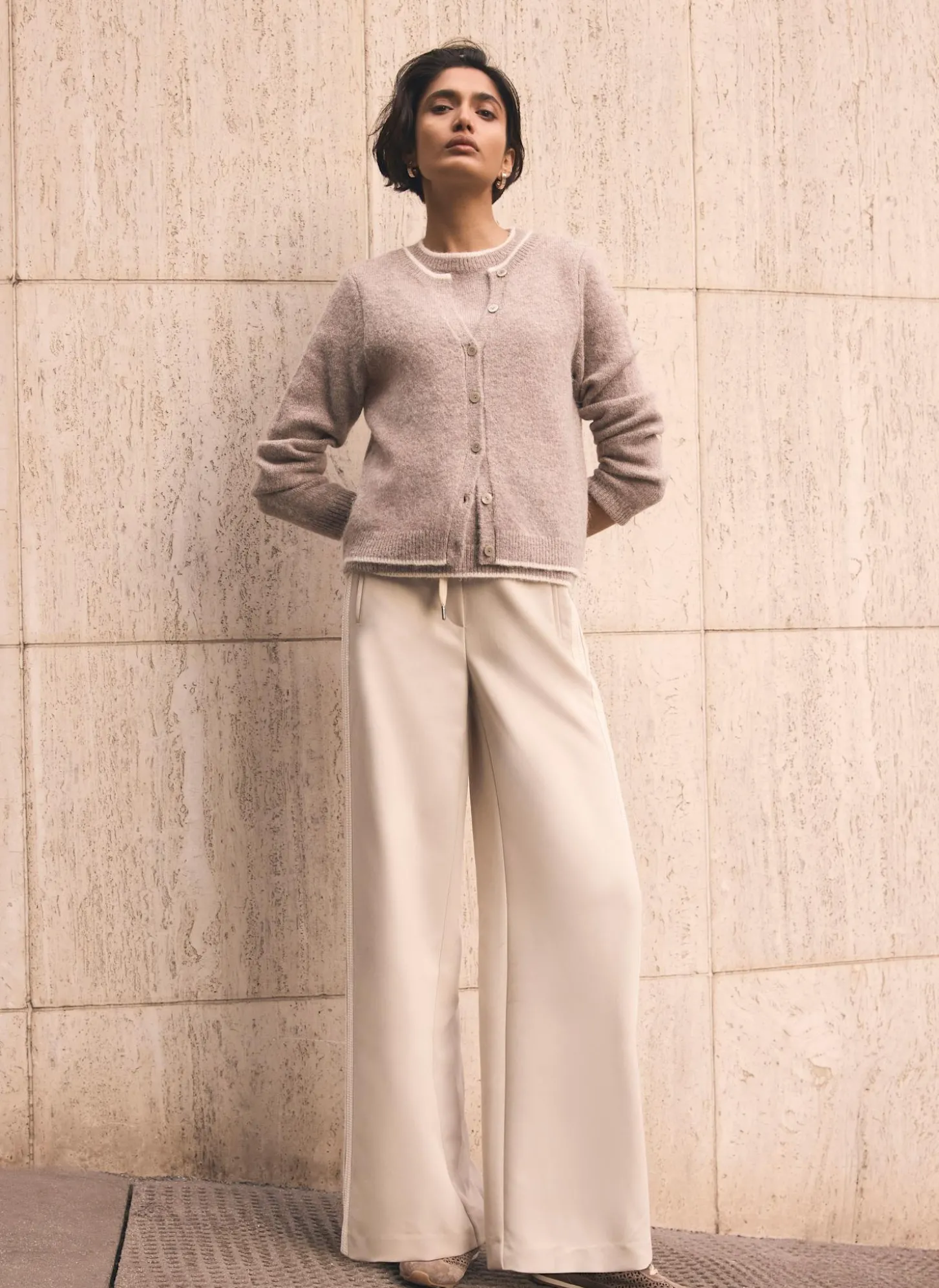 Neutral Crochet Side Stripe Wide Joggers