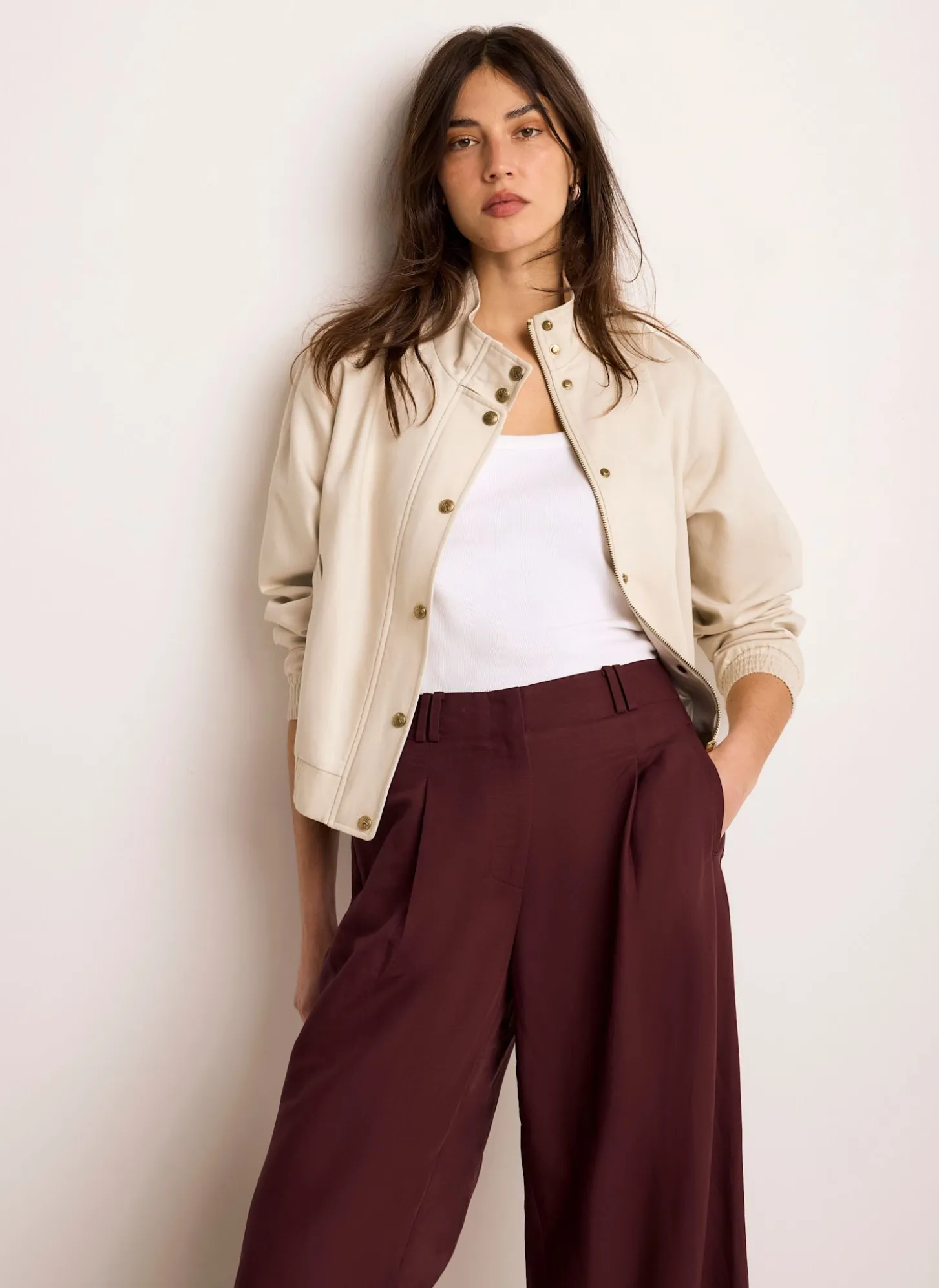 Neutral Funnel Neck Bomber Jacket