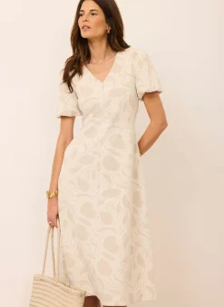 Neutral Jacquard Puff Sleeve Midi Dress