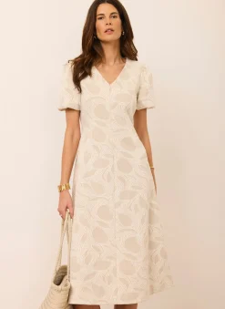 Neutral Jacquard Puff Sleeve Midi Dress
