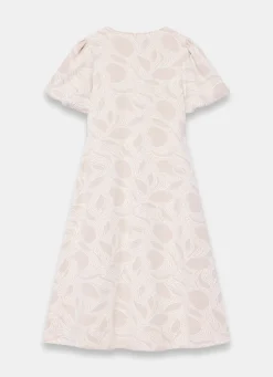 Neutral Jacquard Puff Sleeve Midi Dress