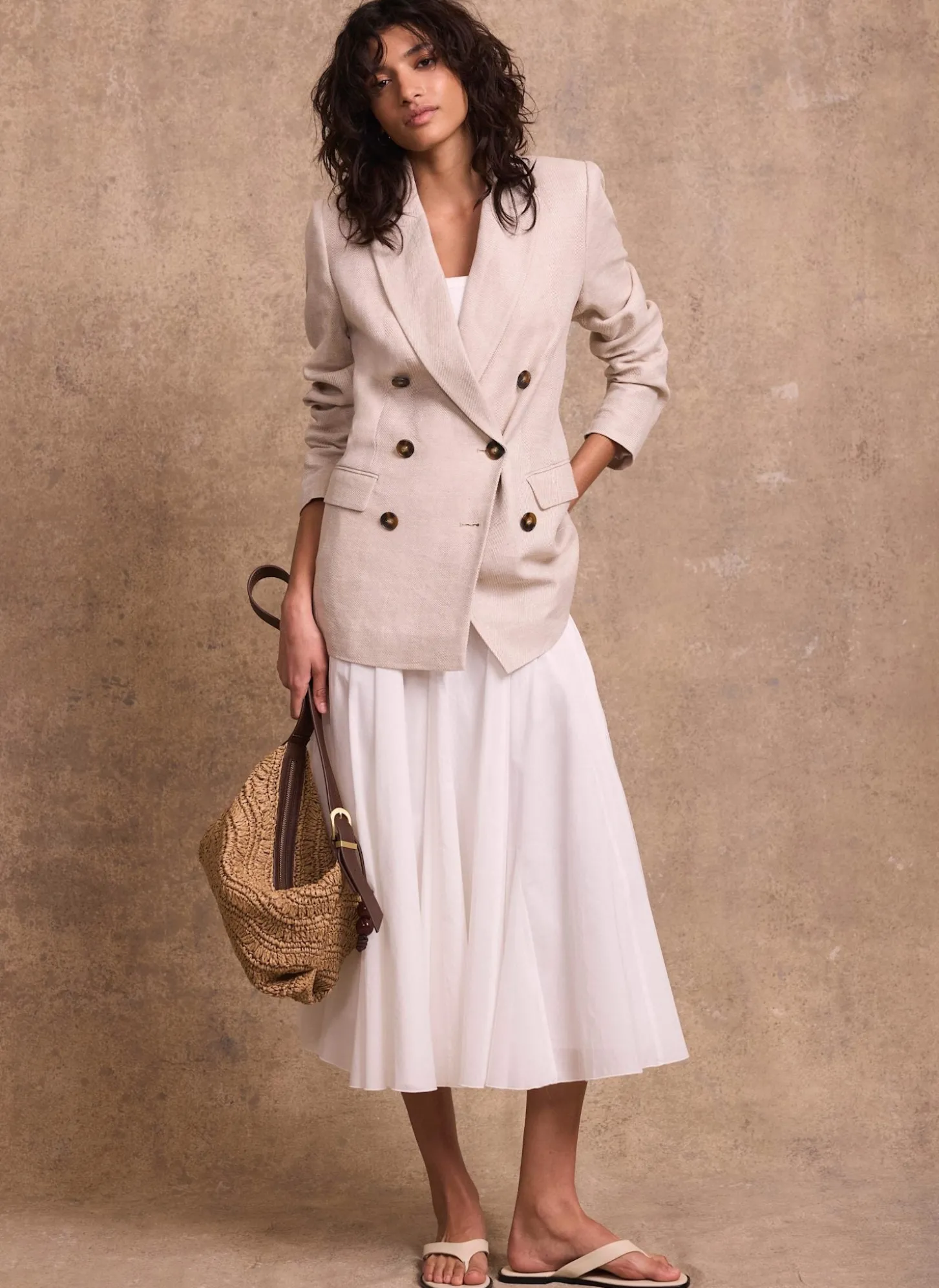 Neutral Linen Double Breasted Blazer