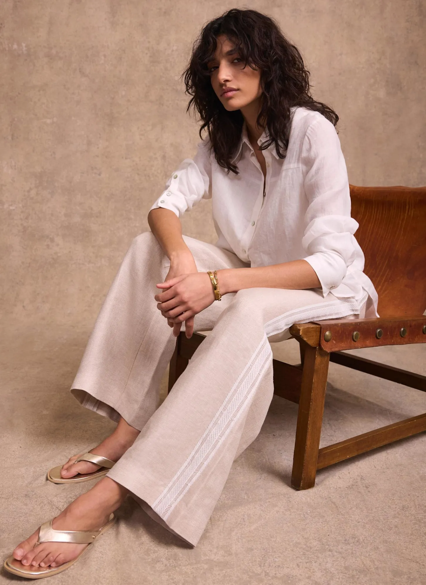 Neutral Linen Side Stripe Trousers