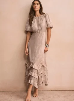 Neutral Metallic Ruffle Maxi Dress