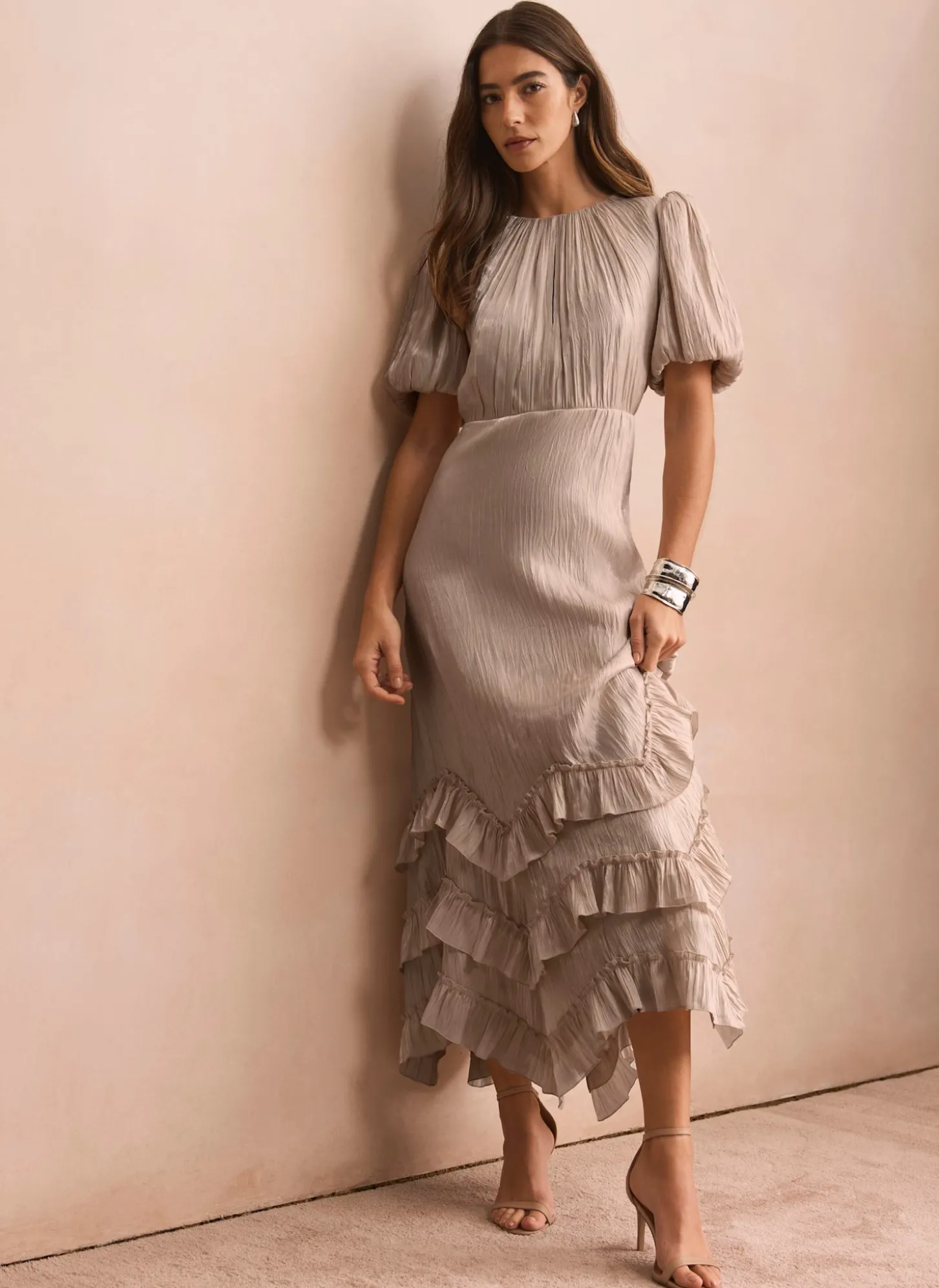 Neutral Metallic Ruffle Maxi Dress