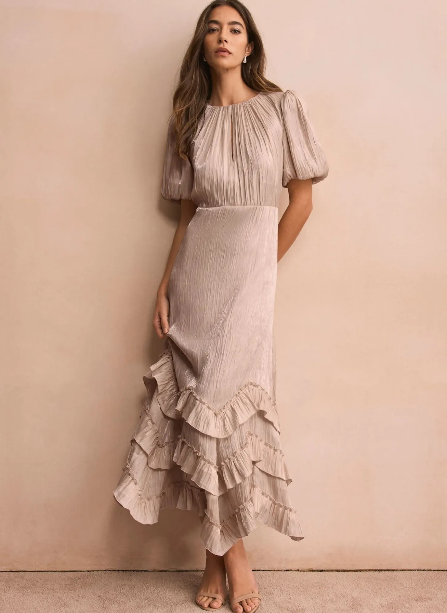 Neutral Metallic Ruffle Maxi Dress