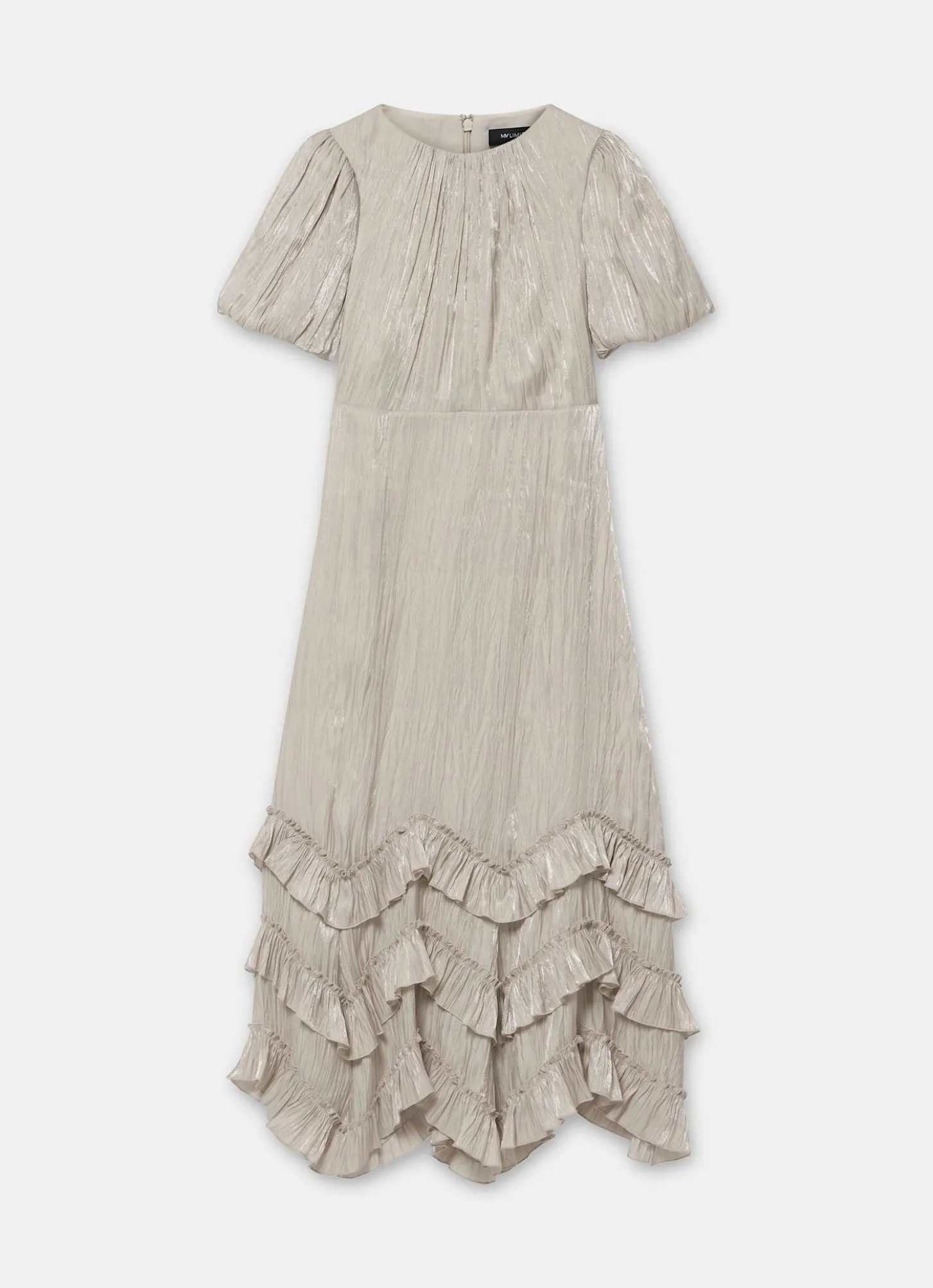 Neutral Metallic Ruffle Maxi Dress