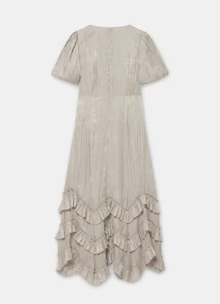 Neutral Metallic Ruffle Maxi Dress