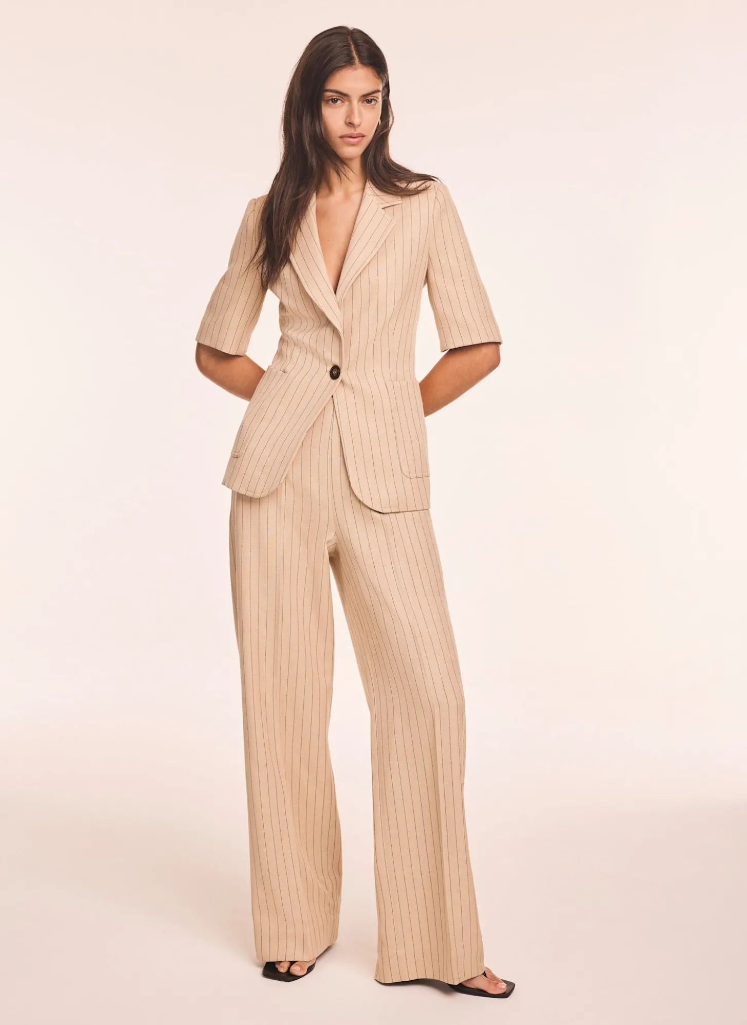 Neutral Pinstripe Short Sleeve Blazer