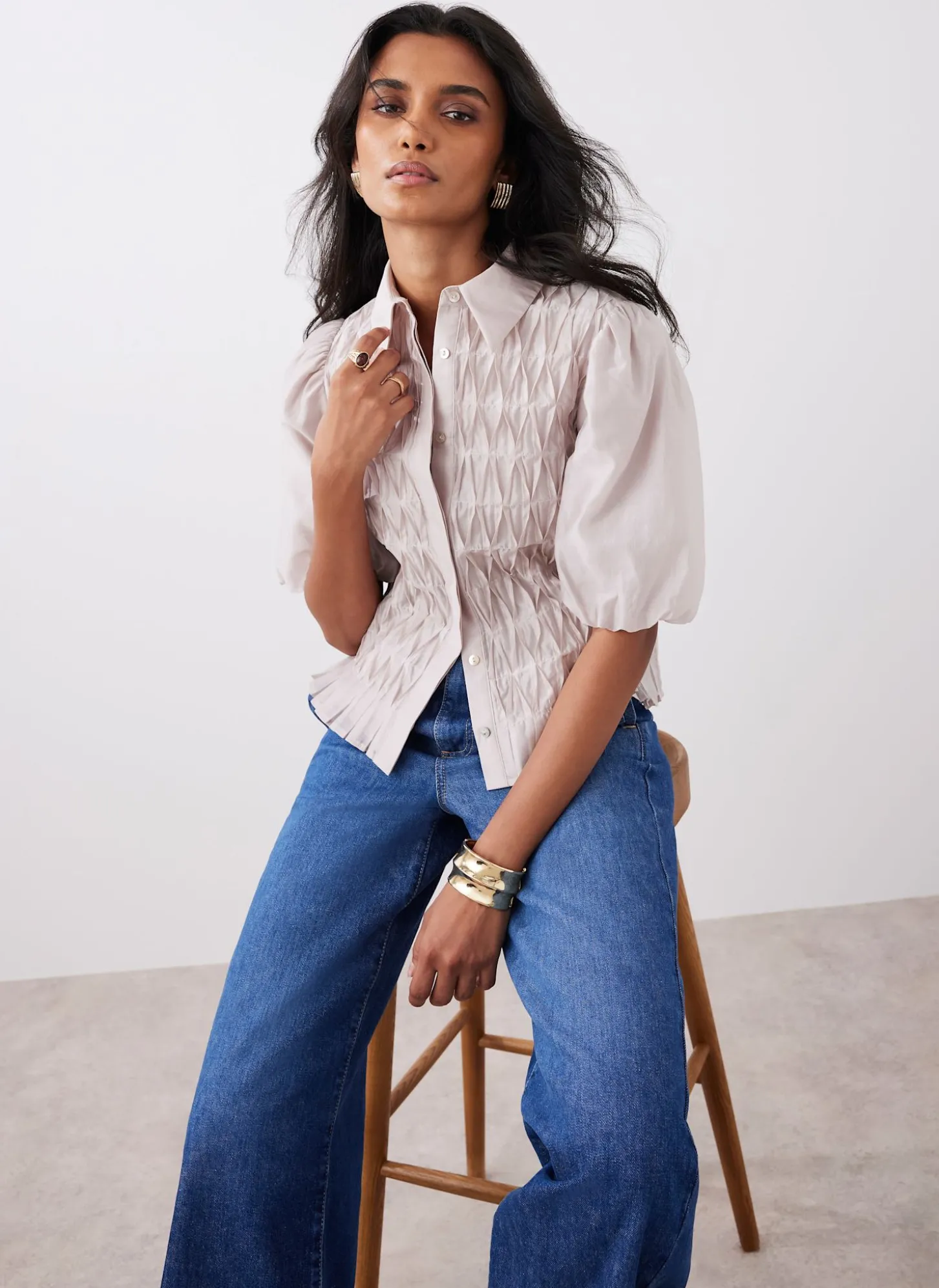 Neutral Puff Sleeve Smock Shirt
