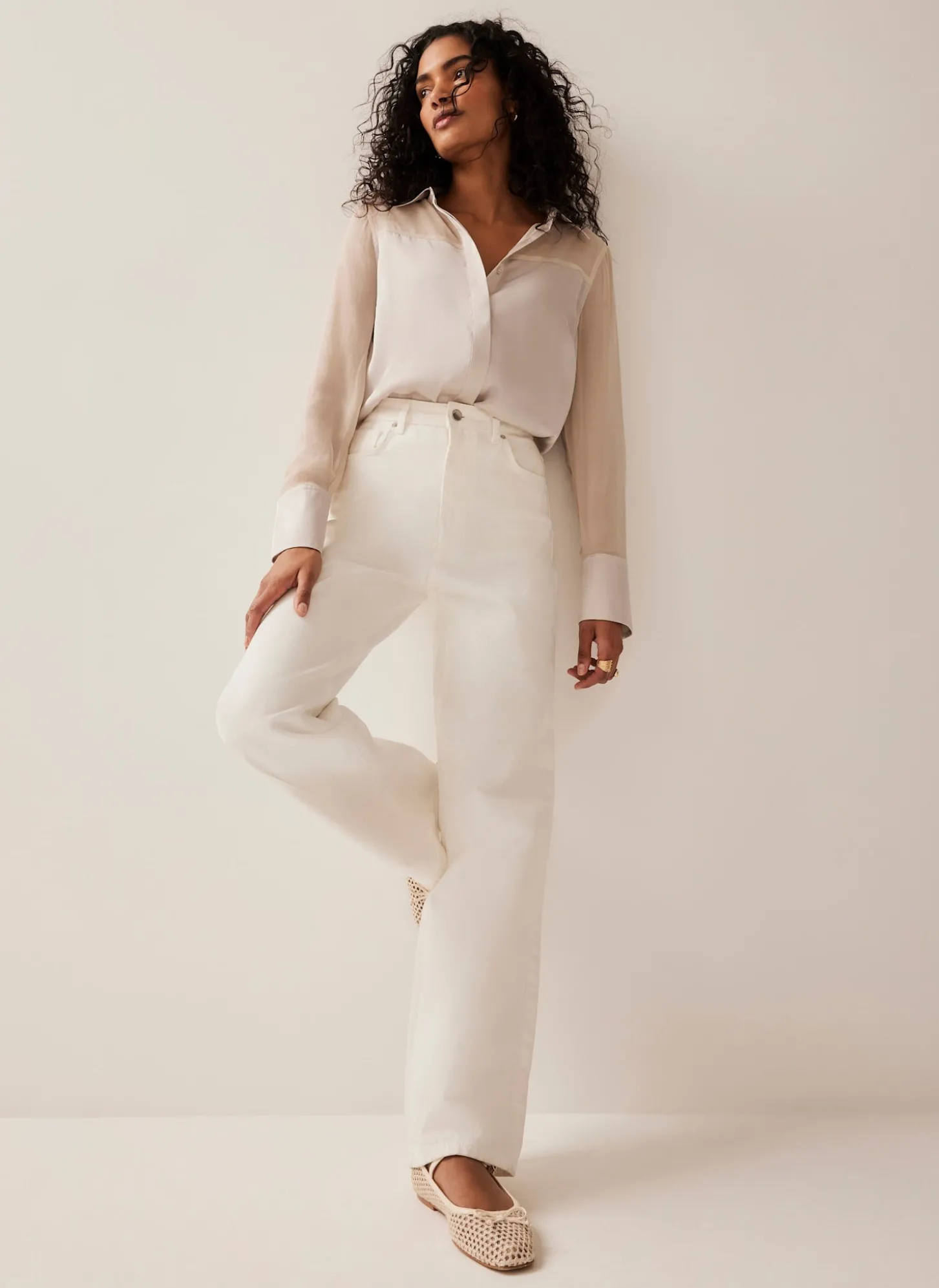 Neutral Satin Long Sleeve Shirt