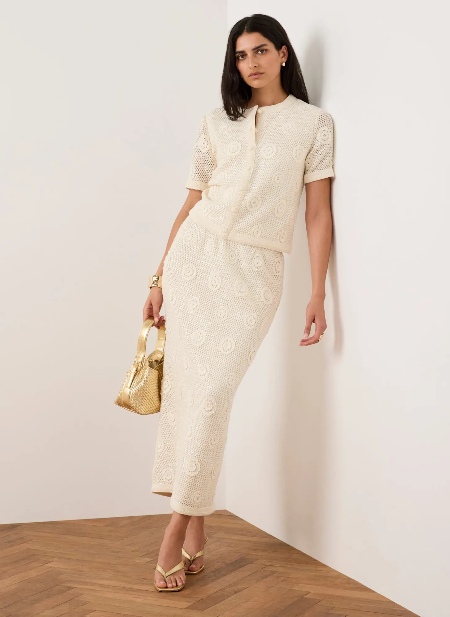 Neutral Sequin Floral Crochet Midi Skirt