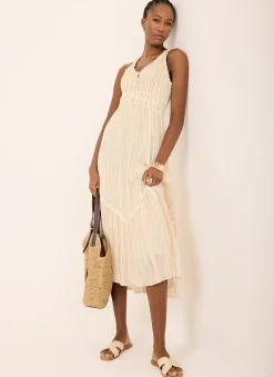 Neutral Striped Cotton Midi Dress
