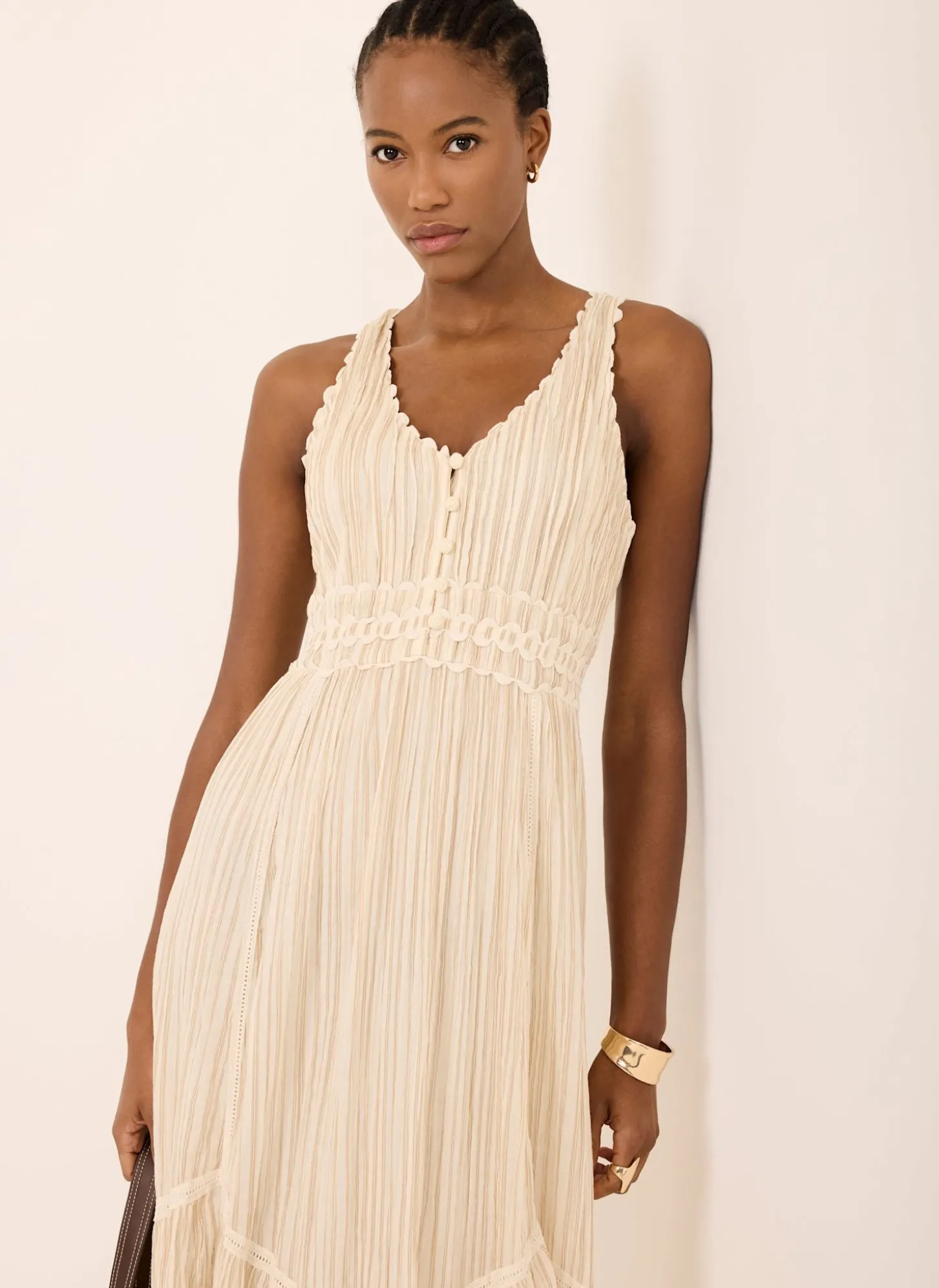 Neutral Striped Cotton Midi Dress