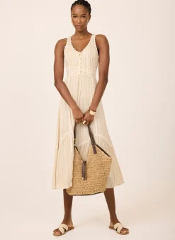 Neutral Striped Cotton Midi Dress