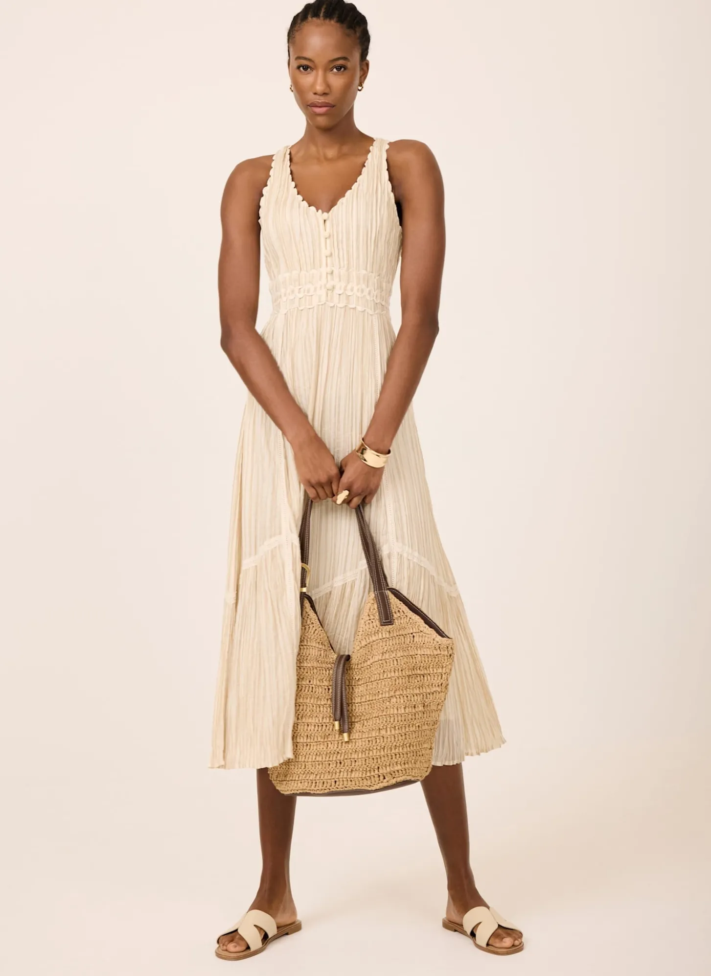 Neutral Striped Cotton Midi Dress