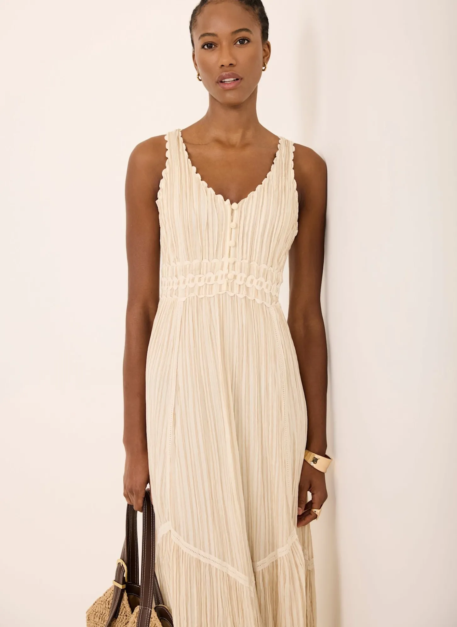 Neutral Striped Cotton Midi Dress