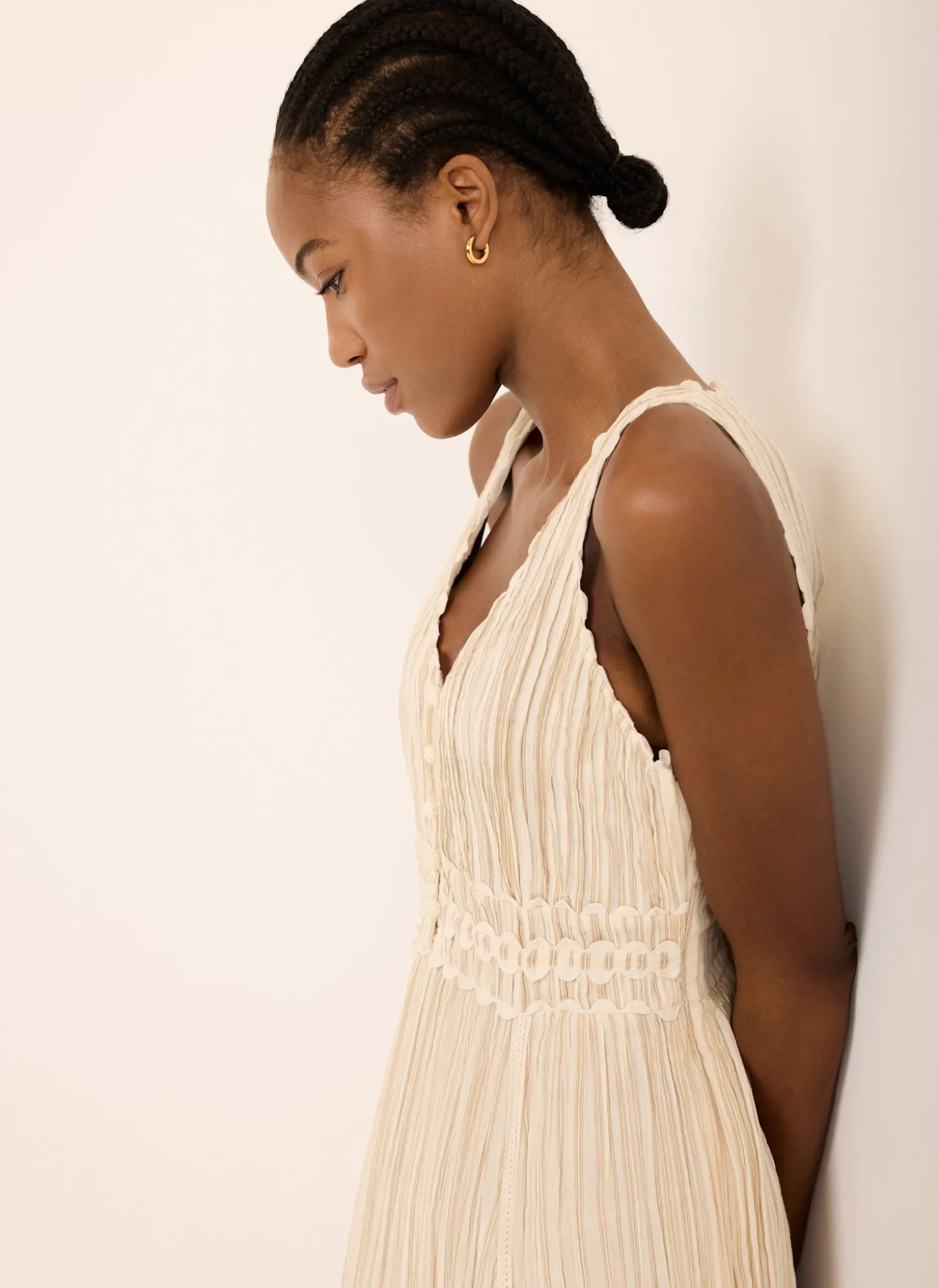 Neutral Striped Cotton Midi Dress