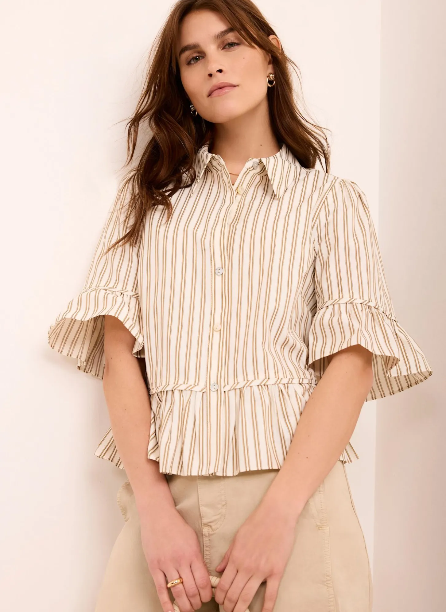 Neutral Striped Ruffle Trim Shirt
