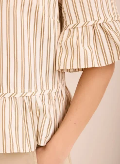 Neutral Striped Ruffle Trim Shirt