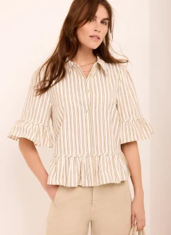 Neutral Striped Ruffle Trim Shirt