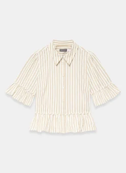 Neutral Striped Ruffle Trim Shirt